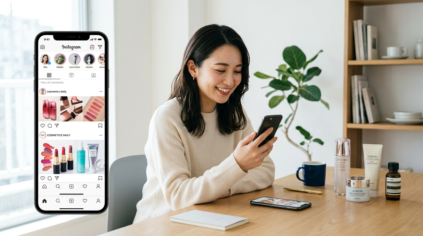 SNSで化粧品を調べる女性のイメージ